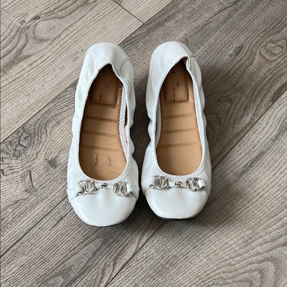 White Leather Ballet Flats with Silver Accents - Picture 1 of 2